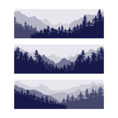 Forest. Pine trees silhouette, mountains simple shades. Horizon landscape with fir woods, route for adventures. Natural woodland, evergreen coniferous panorama. Vector banner garish background