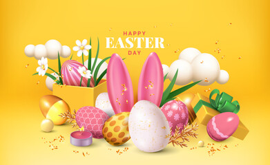 3D easter eggs, spring greeting. Wallpaper with flowers, clouds and bunny ears. Abstract summer paper. Web banner template. Isolated cute render elements. Vector realistic exact concept