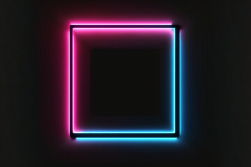 Square rectangle picture frame with two tone neon color motion graphic on isolated black background, blue and pink light moving for overlay element, 3D illustration rendering, Empty copy space middle
