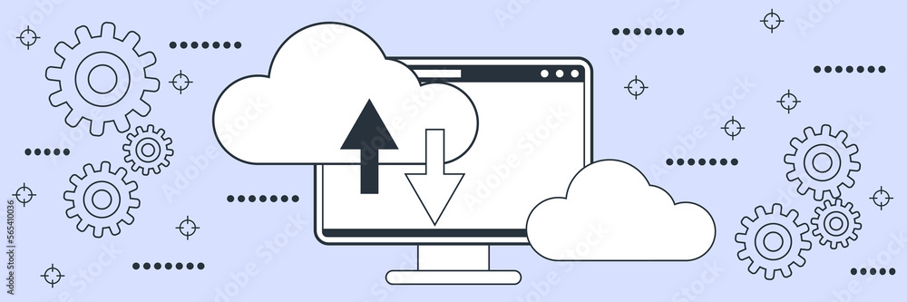 Poster cloud data backup, data storage, synchronization flat contour style vector concept illustration