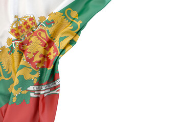 Flag of Bulgaria with coat of arms in the corner on white background. 3D illustration. Isolated