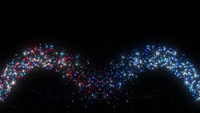  Shining Glitter Flicking Trail Over Black Bg, Glowing Tow Side Particle Trail Moving On Black Background. Glitter Blue And Red Particle Moving On Black Background, Glitter Trail Particle