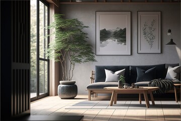 3d interior of a Japanese style interior living room a design with simplicity, natural elements, and minimalism