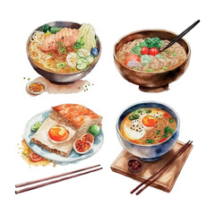 watercolor set Ramen bowl noodles vector culture japan