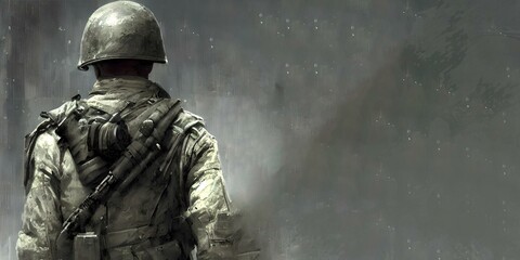 A Soldier With A Backpack, Creative Image Concept Wallpaper Background. Book Cover Or Game Digital Concept Art Illustration.AI Generated