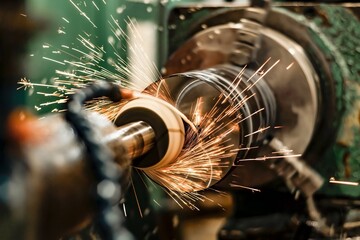 High-precision machining of the metal of the outer surface on a grinding machine with flying sparks...