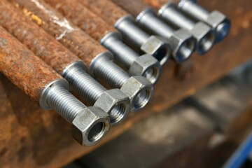 Studs with threaded threads and nuts after production on a cnc lathe.