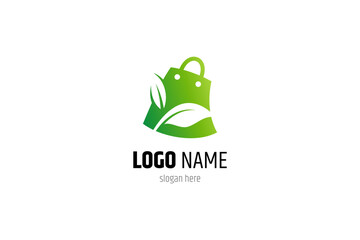 Green leaf Shopping Bag with Recycling Symbol Isolated Logo