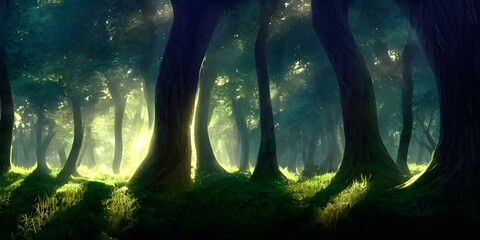 A Forest Filled With Lots Of Tall Trees, Marvelous Visual Background Wallpaper. Computer Graphics Digital Art Illustration. - obrazy, fototapety, plakaty