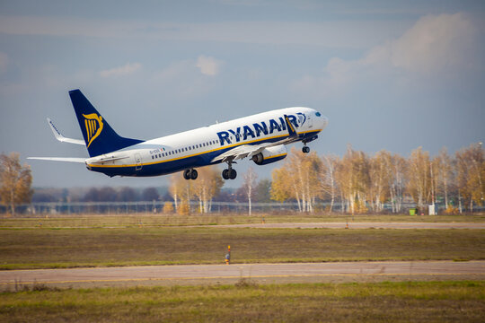 Kyiv, Ukraine - October 29, 2019: The plane takes off at the international airport Boryspil. Plane EI-ESS Ryanair airlines Boeing 737-800 fly in the sky. Autmn fly travel by passenger plane.