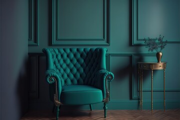 Beautiful luxury classic blue green clean interior room in classic style with green soft armchair. Vintage antique blue-green chair standing beside emerald wall. Minimalist home design