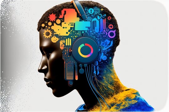 Person with matchine cog in head in multi colour