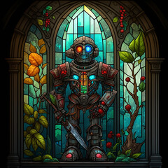 a stained glass window depicting a robot 