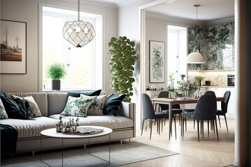 Interior design of modern scandinavian apartment, living room and dining room, panorama