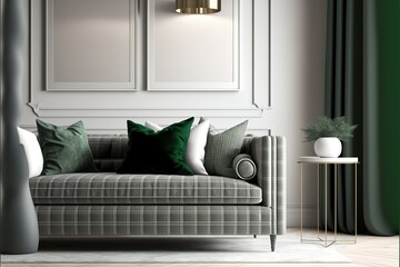 interior house with simple white background mock up. grey velvet sofa with green plaid on . modern space concept