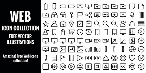 Web icons collection isolated on white background. Media and web line icons set, Network symbol - Vector illustration.