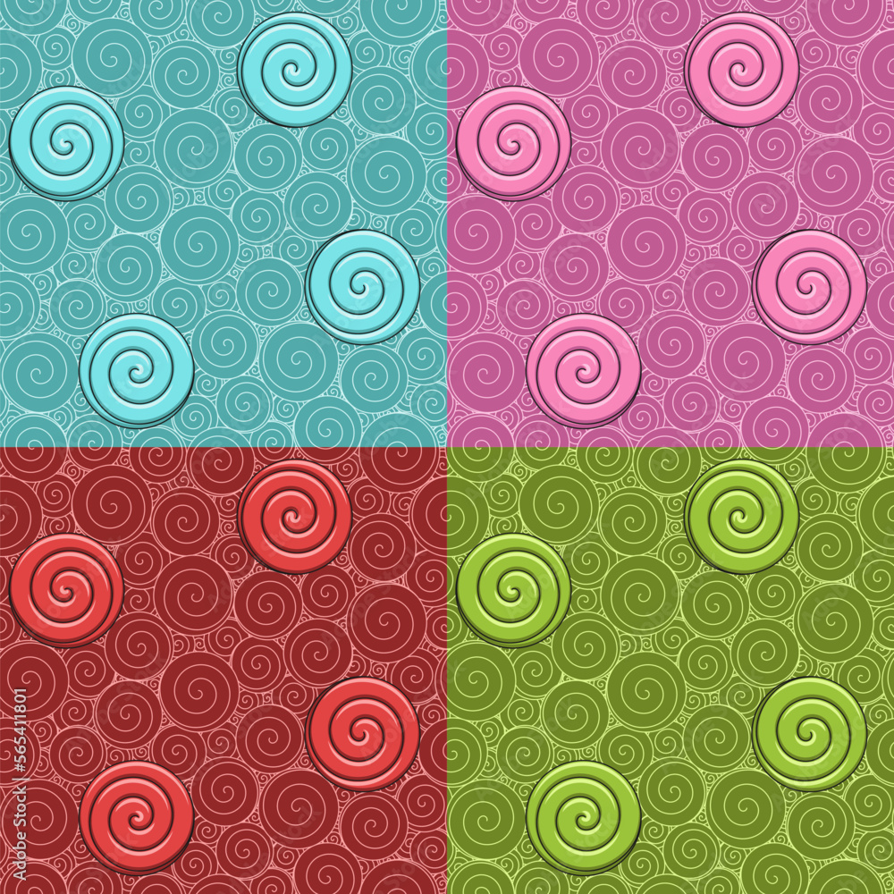 Poster set of seamless patterns with swirls and candies. colored vector backgrounds.