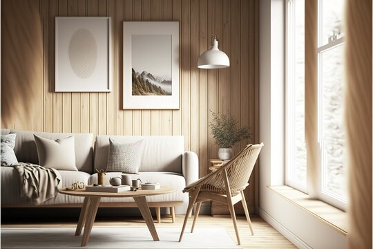 Interior of a beige living room decorated in a Scandinavian farmhouse style with natural wood furnishings. Wall background mockup. illustration
