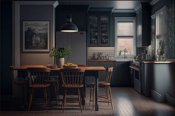 Dark gray kitchen with bar and dining table