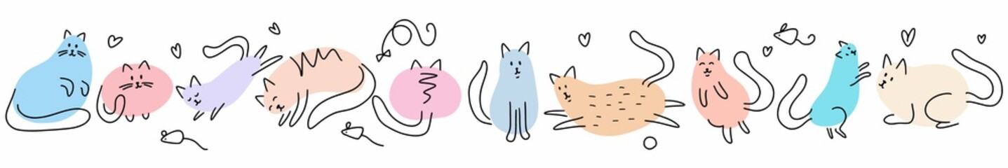 Collection of cats of different breeds, hand-drawn in the style of a doodle