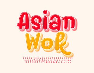 Vector bright Sign Asian Wok. Funny handwritten 3D Font. Playful style Alphabet Letters and Numbers