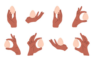 Makeup kit. Hands hold accessories for applying makeup base. Doodle cartoon style.