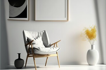 Empty wall in Scandinavian style interior with armchair. Minimalist interior design