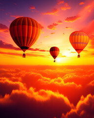 Fototapeta premium Air balloons in sunset sky above orange clouds. AI generative