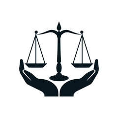 scales of justice and law service logo icon design. two hand holding scale balance.