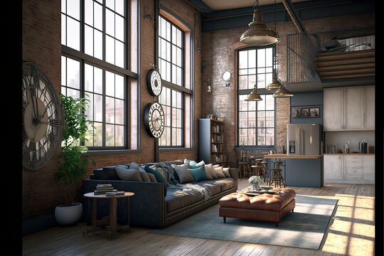 Living room interior in loft, industrial style