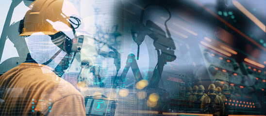 Silhouette of engineer and team business innovation industry future automation robot arms factory on smart city background.