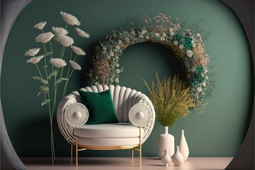 living room interior mock up, modern furniture and decorative green arch with trendy dried flowers, white sofa and armchair