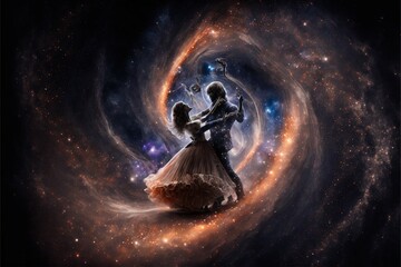 Dancing lovers in magic space background. Generative Ai