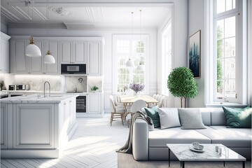 Fototapeta na wymiar Luxurious white kitchen and living room in a big house