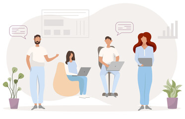 Brainstorm, Teamwork Process Concept. Business People Discussing Idea on Board Meeting in Office. Team Project Development, Employees Work on Laptops and Communicate. Cartoon Vector
