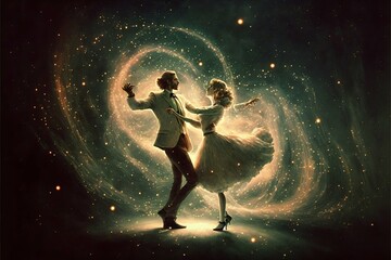 Dancing lovers in magic space background. Generative Ai