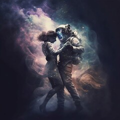Fototapeta na wymiar Dancing lovers in magic space background. Generative Ai
