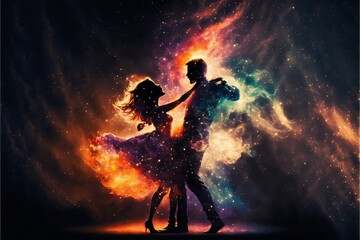 Naklejka na ściany i meble Dancing lovers in magic space background. Generative Ai