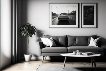 Minimalist interior design of living room with sofa ,framed posters