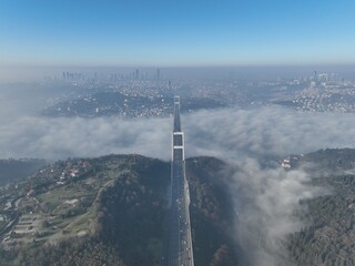 Istanbul aerial fog and bridge view. Aerial Bosphorus and Fog view