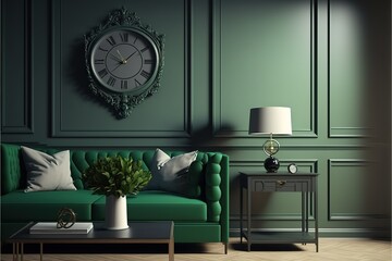 Stylish living room interior at elegant apartment with white clock, boxes and elegant accessories on the shelf. Green wood panelling. Modern home staging. Template. Home decor. Copy space
