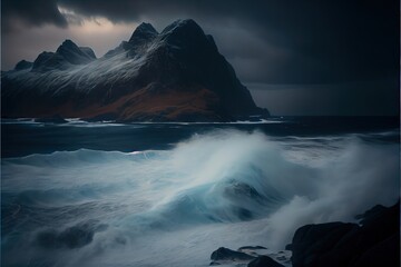 Dark ominous sky over stormy sea and rocky cliffs