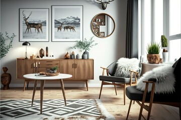 Fototapeta na wymiar Stylish scandinavian living room interior of modern apartment with wooden commode, design table, chairs, carpet, abstract paintings on the wall and personal accessories in unique home decor. Template