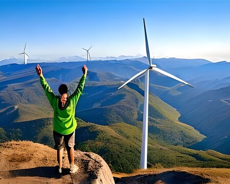 happy man and wind turbine on the mountain - Generative AI