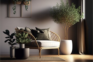 Modern home interior with rattan furniture and dry plant in vase