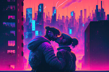 young couple shares a kiss, surrounded by a vibrant neon city, generative ai