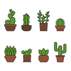 Cacti icons set vector. Collection of cacti in pots.
