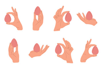 Obraz premium Hands hold accessories for applying makeup base. Makeup kit. Doodle cartoon style.