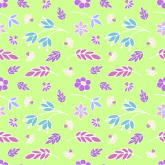 Floral seamless pattern. Green background with flowers and leaves. Vector illustration.