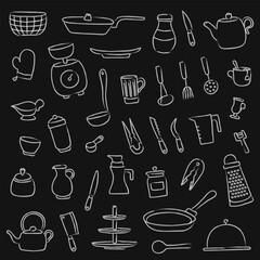 Set of hand drawn sketchy kitchenware on dark chalkboard background. Freehand white doodle cooking tools, cutlery. Linear silhouettes of cookware for restaurant menu, bakery, cooking book, wallpaper 